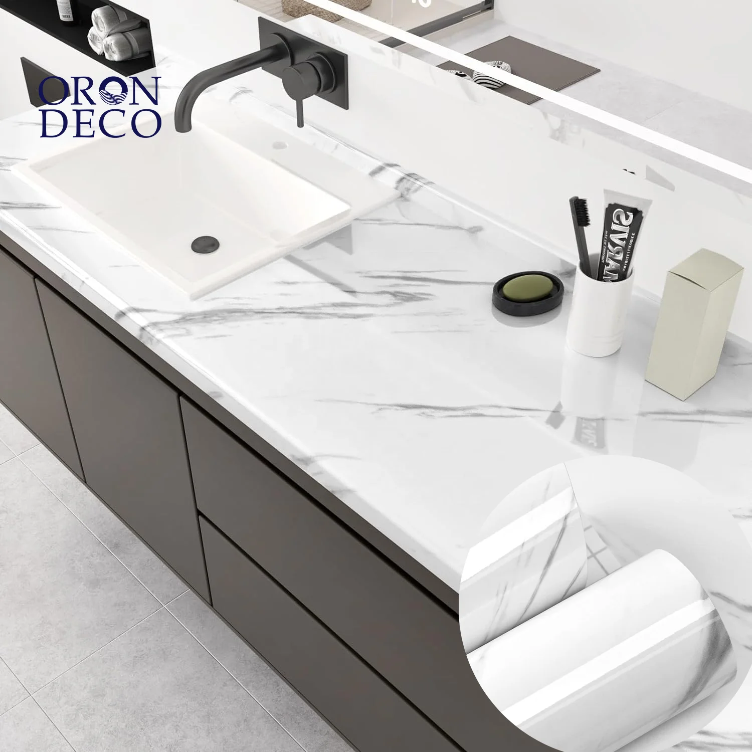 COWINLIFE DECO Glossy White PVC Vinyl Marble Sticker Wallpaper Peel and Stick Self Adhesive Waterproof Wallpaper for Bathroom