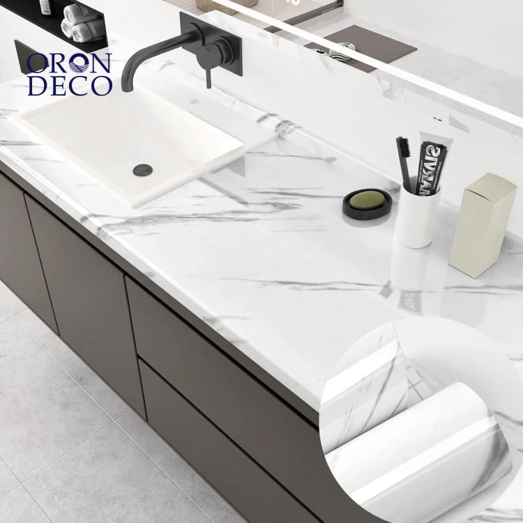 COWINLIFE DECO Glossy White PVC Vinyl Marble Sticker Wallpaper Peel and Stick Self Adhesive Waterproof Wallpaper for Bathroom detail 1