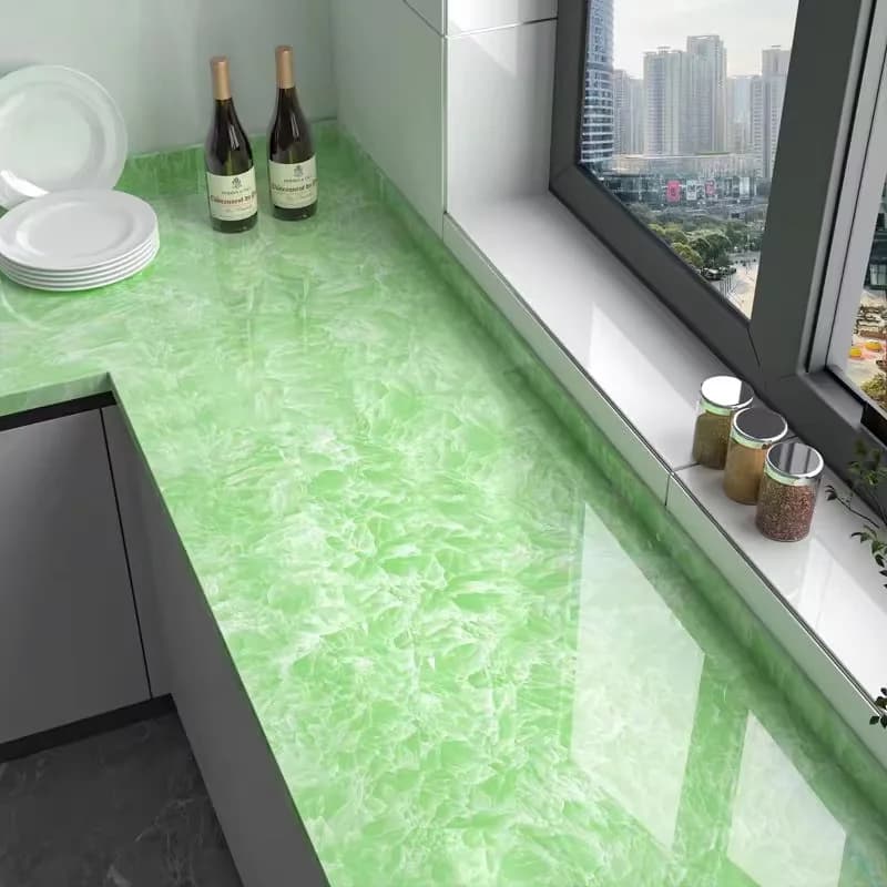 COWINLIFE DECO Green Glossy Waterproof Vinyl Marble Sticker Wallpaper Peel and Stick Self-Adhesive 3D Wallpaper Roll Kitchen Wrap