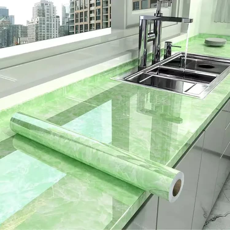 COWINLIFE DECO Green Glossy Waterproof Vinyl Marble Sticker Wallpaper Peel and Stick Self-Adhesive 3D Wallpaper Roll Kitchen Wrap detail 2