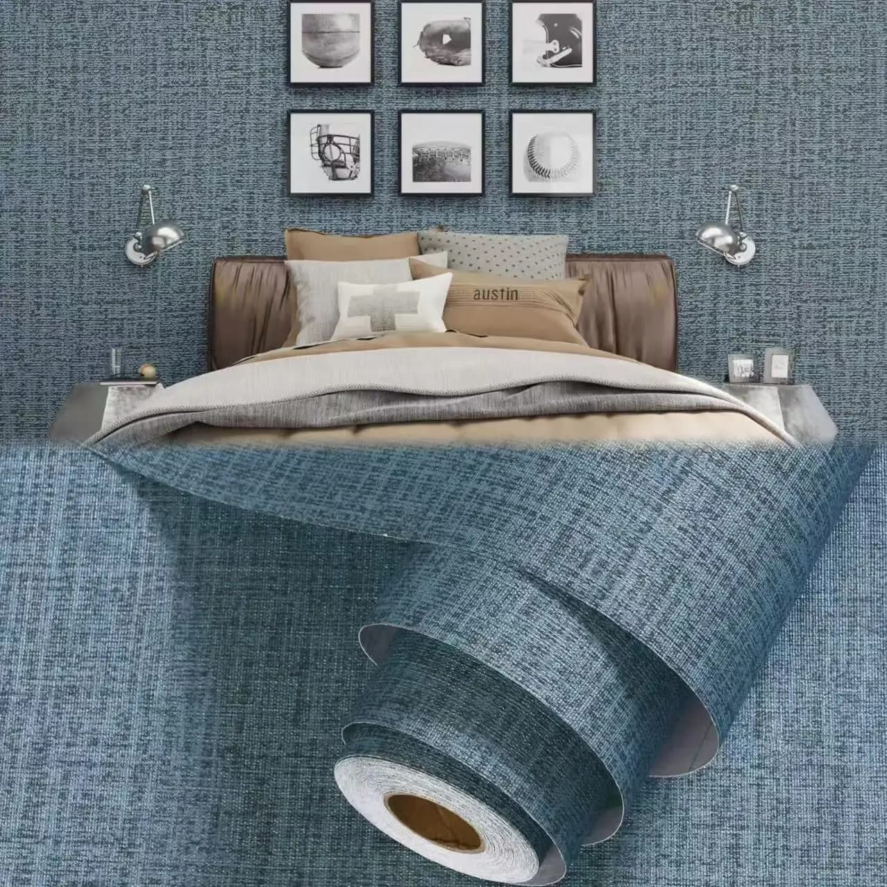 COWINLIFE DECO Blue Linen Textured Interior Waterproof Decorative Wall Paper PVC Self Adhesive Wallpaper for Bedroom Decoration