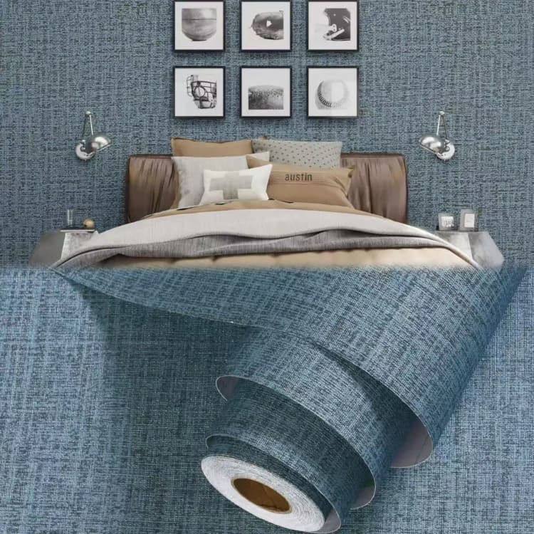 COWINLIFE DECO Blue Linen Textured Interior Waterproof Decorative Wall Paper PVC Self Adhesive Wallpaper for Bedroom Decoration detail 1