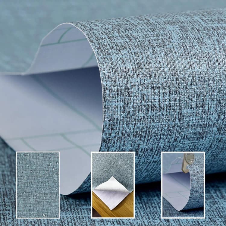 COWINLIFE DECO Blue Linen Textured Interior Waterproof Decorative Wall Paper PVC Self Adhesive Wallpaper for Bedroom Decoration detail 6