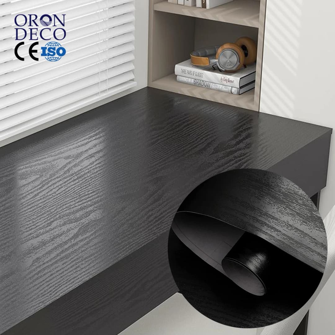 COWINLIFE DECO Kitchen Wrap 3D Glossy Black Woodgrain Wallpaper Self-Adhesive PVC Peel and Stick Rolls for Luxury Home Bedroom