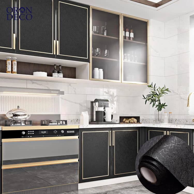 COWINLIFE DECO 3D Silk Embossed Black Wallpaper Cabinet Kitchen Wrap Sticker Self-Adhesive Vinyl Waterproof Peel and Stick Bedroom detail 1