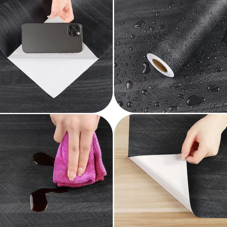 COWINLIFE DECO Black PVC Peel and Stick Wood Grain Kitchen Wall Sticker Self-Adhesive for Bedroom Home Wallpaper 3d Wallpaper Rolls detail 5