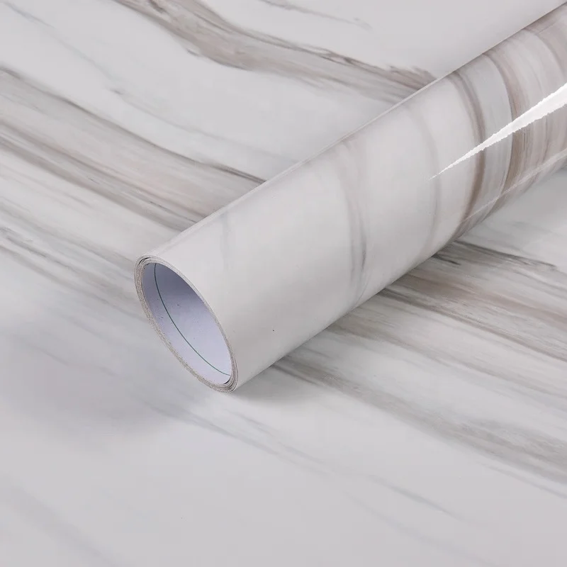 COWINLIFE DECO Glossy White Vinyl Marble Kitchen Wall Sticker Peel and Stick Waterproof Self-Adhesive Wallpaper Rolls for Countertop