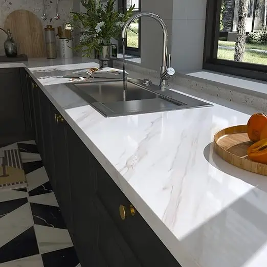 COWINLIFE DECO Glossy White Vinyl Marble Kitchen Wall Sticker Peel and Stick Waterproof Self-Adhesive Wallpaper Rolls for Countertop detail 2