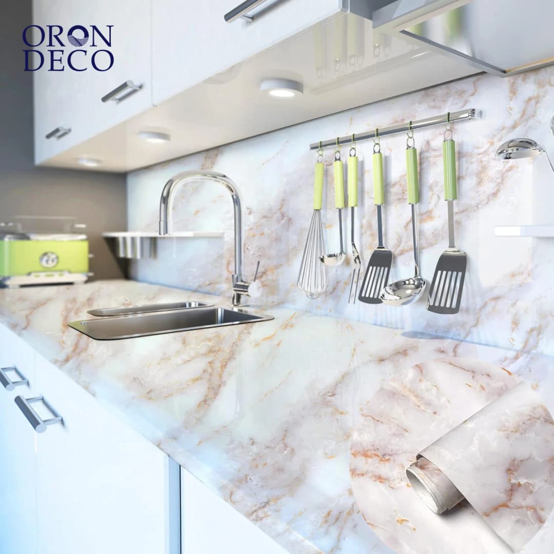 COWINLIFE DECO Modern Glossy White Vinyl Marble Sticker Peel and Stick Waterproof Self Adhesive Wall Paper for Kitchen Wall Sticker