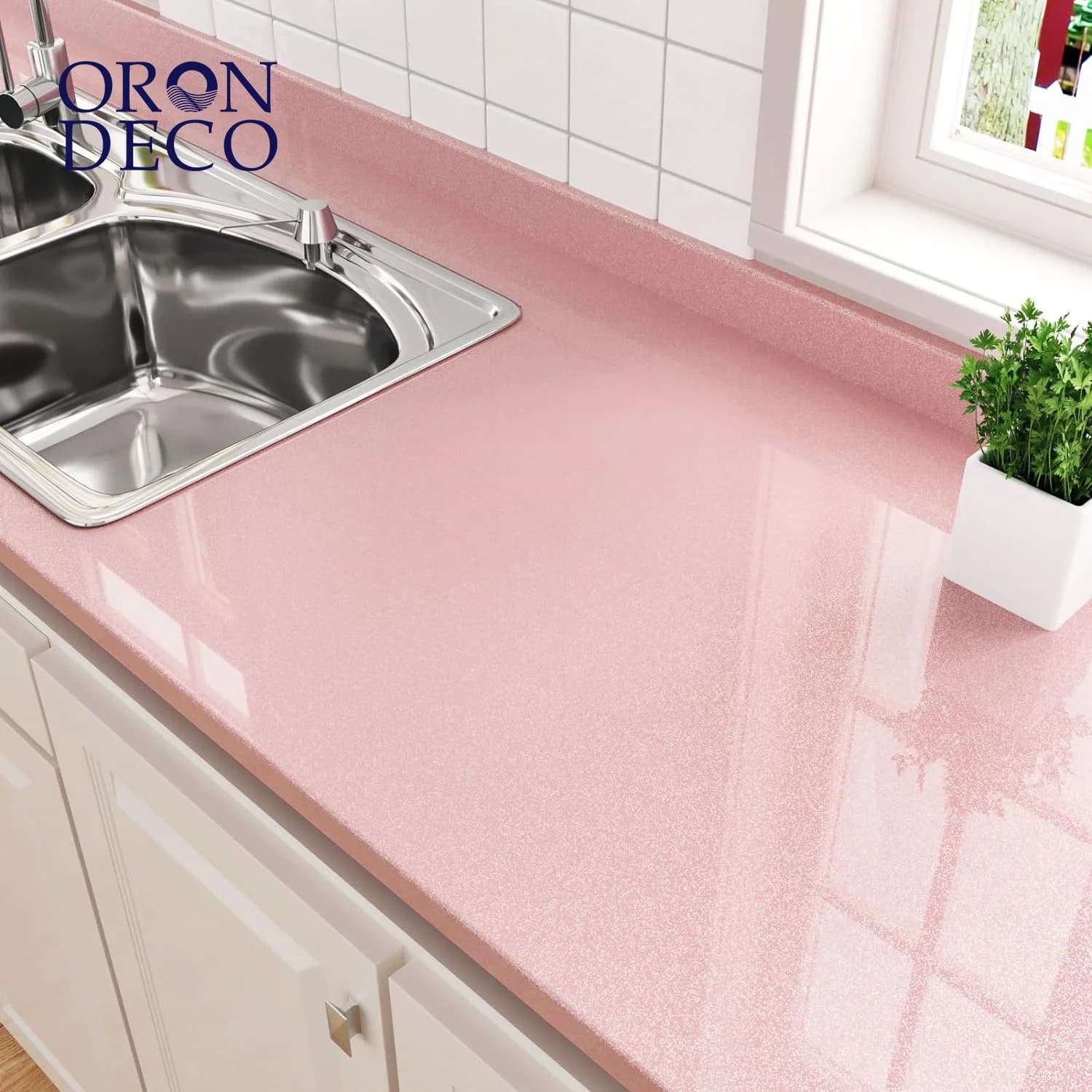 COWINLIFE DECO Wholesale Modern Pink Glitter Glossy PVC Kitchen Cabinet Wallpaper Rolls Waterproof Removable Peel Stick Design