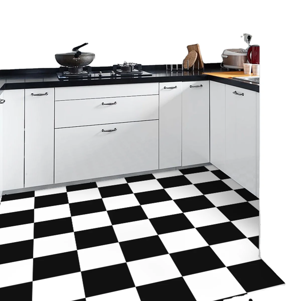 Factory 3D Black White Garage Floor Tiles Vinyl Flooring Roll Peel and Stick Wallpaper Waterproof Kitchen Wrap Pvc Floor Sticker
