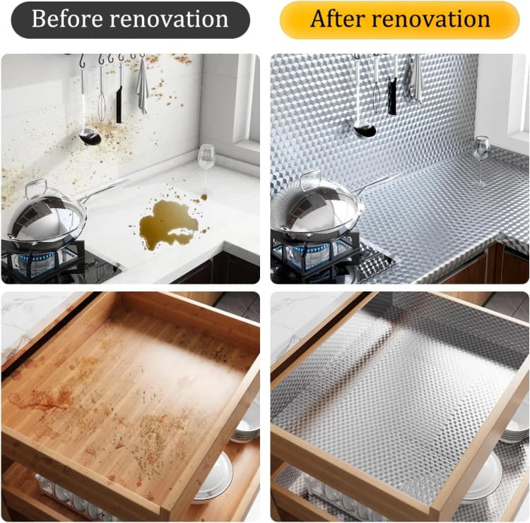 24x197Inch/Roll PVC Silver 3D Peel & Stick Wallpaper Aluminum Furniture Foil Oil-Proof Vinyl Wrap for Kitchen Wall Sticker Cover detail 6