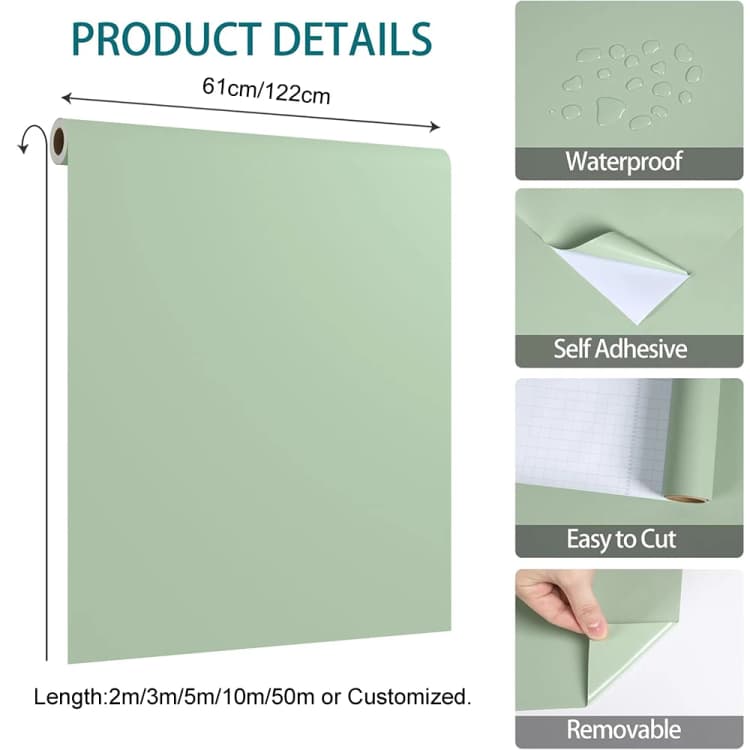 COWINLIFE Hot Sale Sage Green Wallpaper Roll Removable Self-Adhesive PVC Waterproof Solid Wall Stickers for Kitchen Home Decoration detail 6