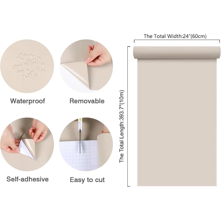 24*393.7 Inch Khaki Color Self Adhesive PVC Waterproof Wall Sticker Removable Solid Wallpaper Roll for Kitchen Home Decoration detail 6