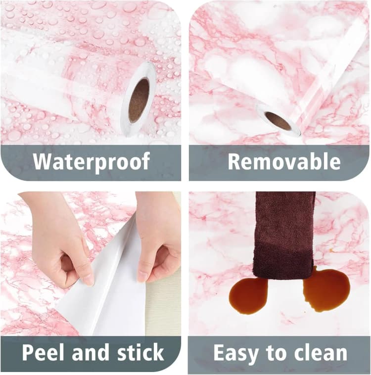 COWINLIFE DECO Pink Marble Sticker Peel and Stick Self-Adhesive Wall Stickers Vinyl 3d Wallpaper Roll Home Decoration Interior Design detail 3