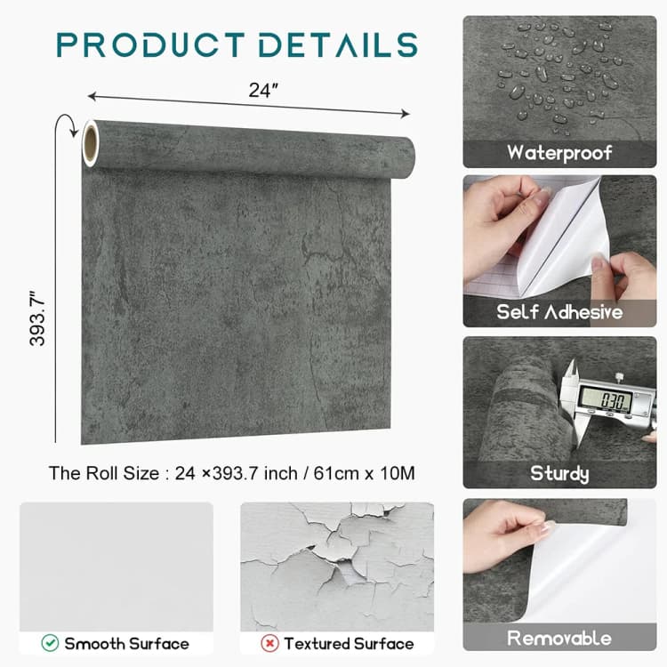 COWINLIFE 3D Grey Concrete Peel & Stick 3D Home Wallpaper Papier Peint Decoration Maison Waterproof Cement Wallpaper for Living Room detail 6