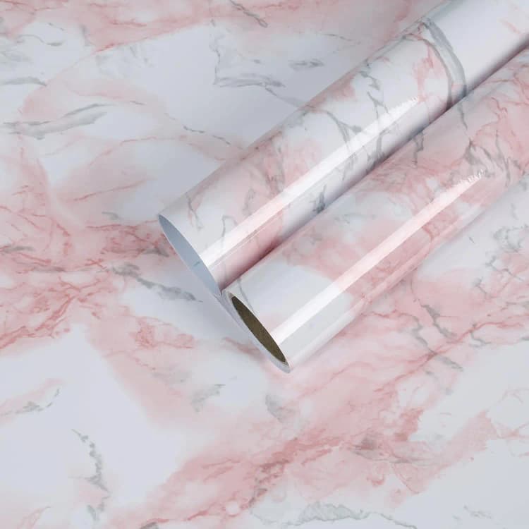 COWINLIFE Pink Marble Sticker Waterproof Glossy Wall Stickers Peel and Stick PVC Self Adhesive Marble Wallpaper Rolls for Home Decor detail 1