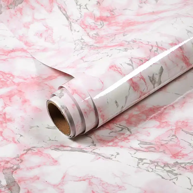 COWINLIFE Pink Marble Sticker Waterproof Glossy Wall Stickers Peel and Stick PVC Self Adhesive Marble Wallpaper Rolls for Home Decor detail 7