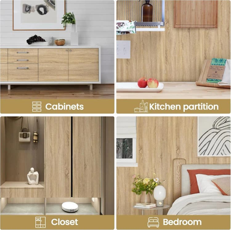 COWINLIFE Thick Beige Wood Wallpaper Rolls Self Adhesive Vinyl 3D Wall Stickers Pvc Home Decor for Kitchen Wrap Countertops 24''x97'' detail 5