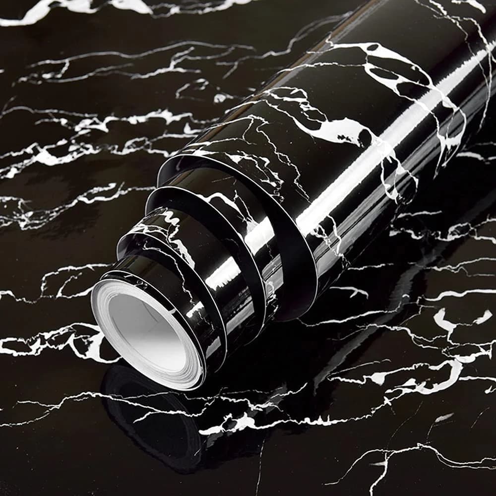 COWINLIFE DECO 24X196.8 Inch Glossy Black Marble Wallpaper Roll Self Adhesive PVC Waterproof Marble Sticker for Kitchen Countertops