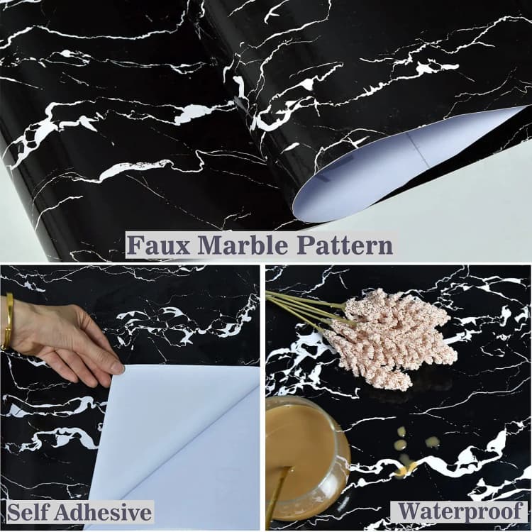 COWINLIFE DECO 24X196.8 Inch Glossy Black Marble Wallpaper Roll Self Adhesive PVC Waterproof Marble Sticker for Kitchen Countertops detail 3