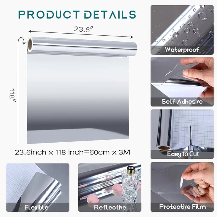 COWINLIFE Factory Low MOQ Mirror Stickers for Walls 24"x118" Self Adhesive Silver Peel and Stick Wallpaper Rolls Vinyl for Home Decor detail 3