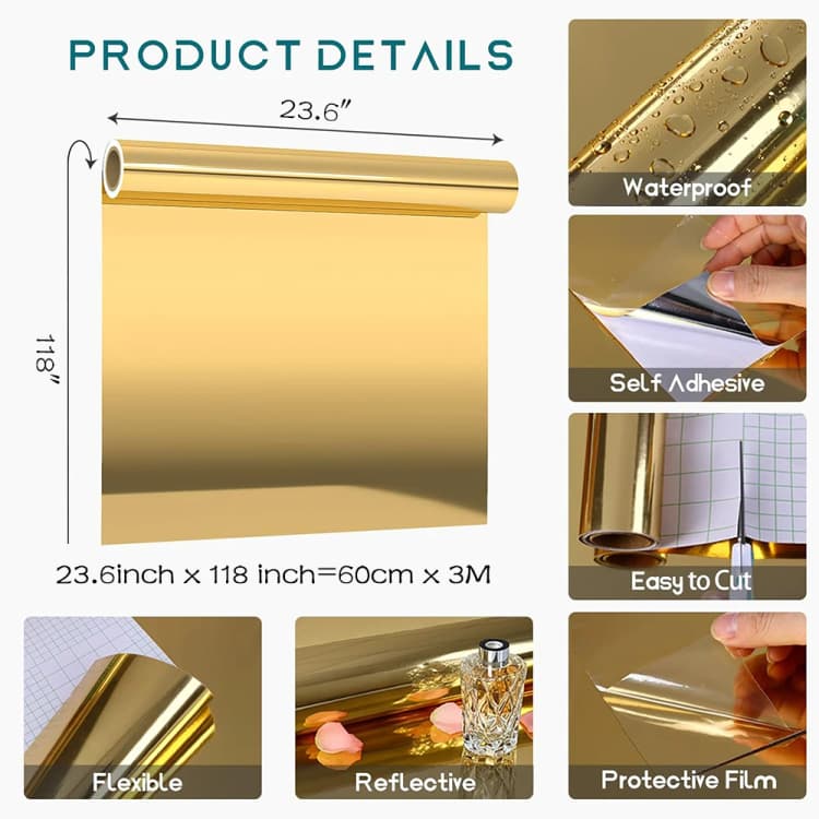 COWINLIFE Mirror Golden Metallic Self Adhesive Vinyl Peel and Stick Wallpaper Roll for Kitchen Warp Home Decor Cabinets Countertops detail 6