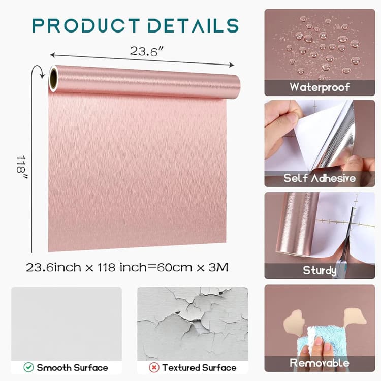 COWINLIFE Rose Gold Contact Paper Metallic Self-Adhesive Wall Paper Stainless DIY Home Decor Peel and Stick Wallpaper Roll for Fridge detail 6