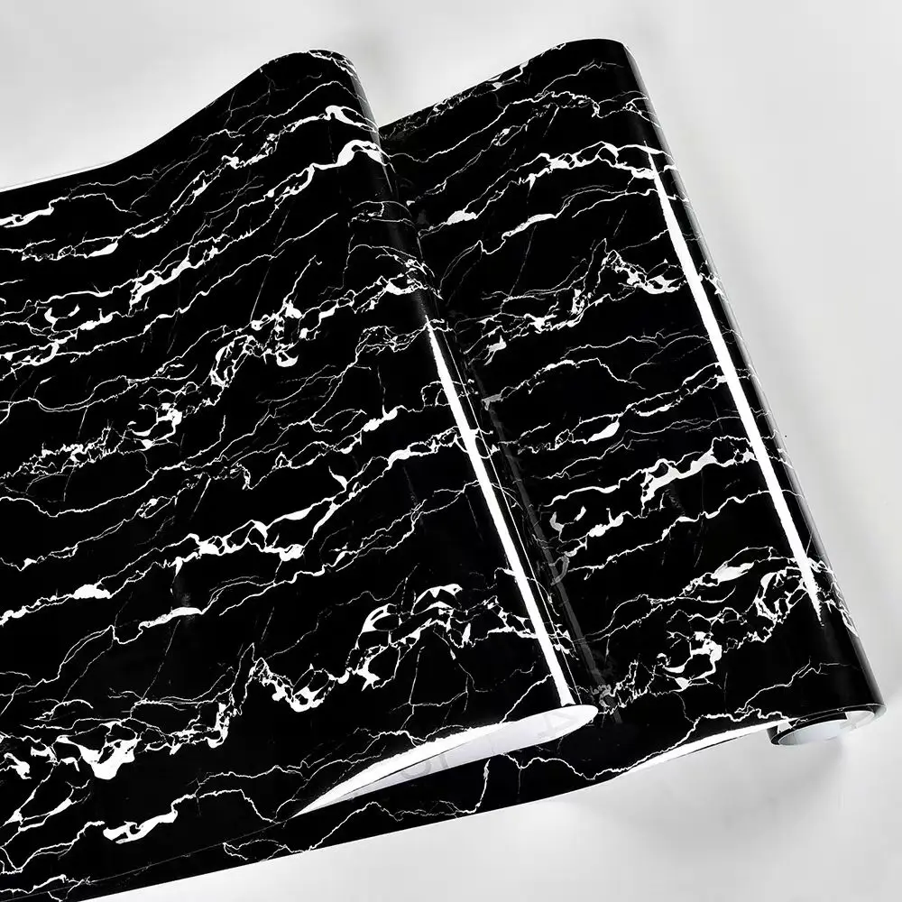 COWINLIFE DECO Modern Design Glossy Black Vinyl Marble Sticker Self-Adhesive Oil-proof Home Decor Peel & Stick 3D Wallpaper Rolls