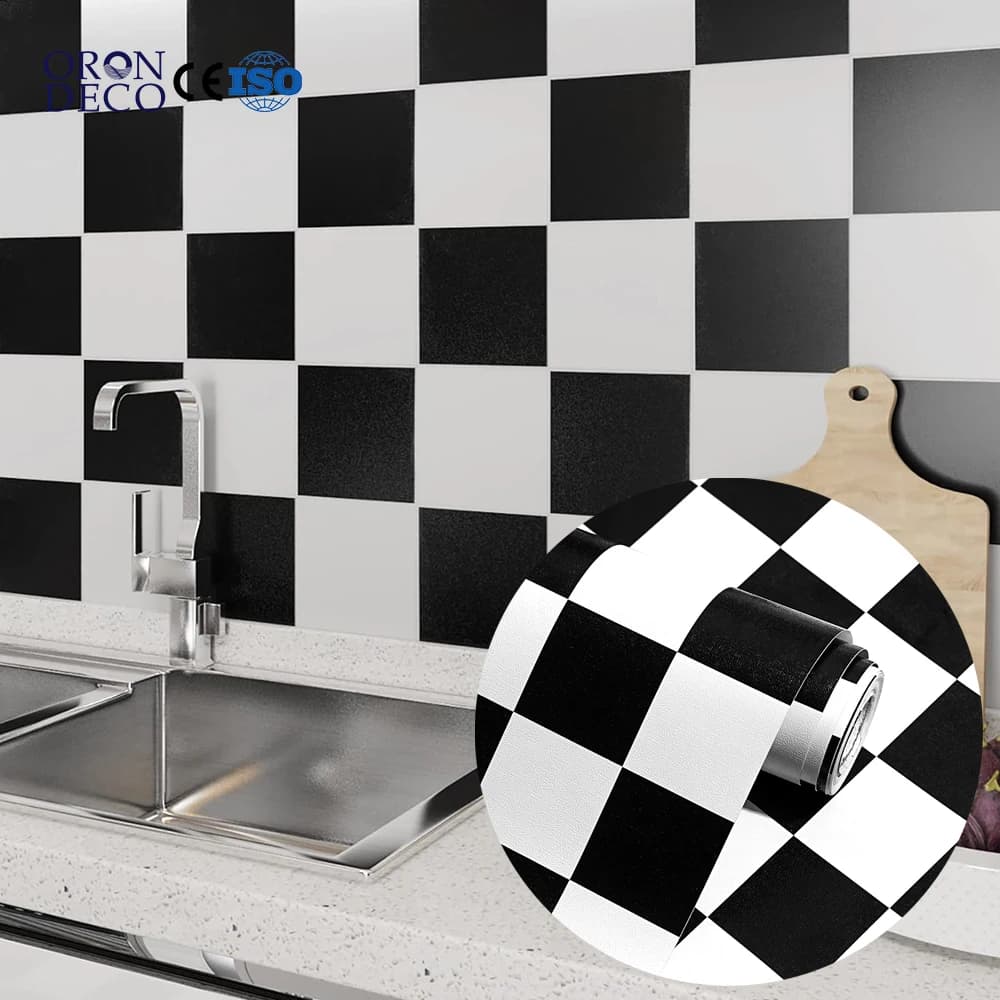 COWINLIFE Wall Stickers Black White Checkered 3D PVC Self-Adhesive Contact Paper Floors Tiles Peel and Stick Wallpaper for Home Decor