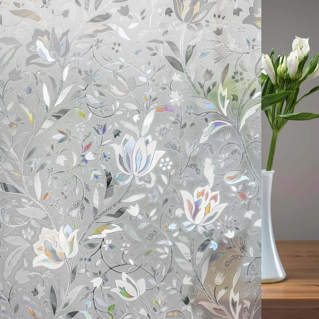 COWINLIFE 3D Flower PVC Window Privacy Glass Film Rainbow Cling Decorative Stained Glass Covering Window Privacy Glass for Home Decor