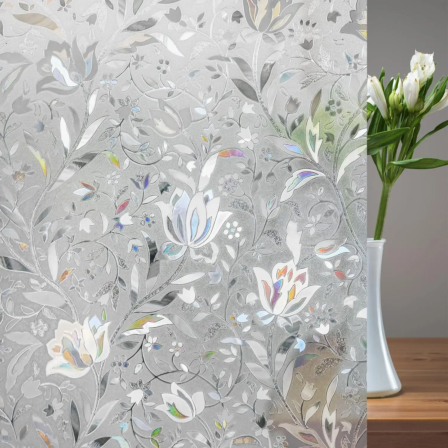 COWINLIFE 3D Flower PVC Window Privacy Glass Film Rainbow Cling Decorative Stained Glass Covering Window Privacy Glass for Home Decor