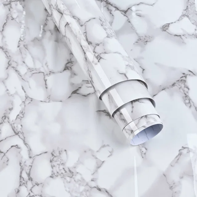 COWINLIFE Glossy White Peel and Stick Self Adhesive Waterproof Wall Paper Marble Wallpaper Sticker for Kitchen Cabinet