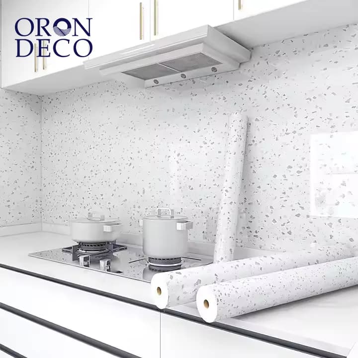 COWINLIFE DECO Waterproof Glossy White Granite Terrazzo Vinyl Self Adhesive Marble Sticker Wallpaper Rolls for Kitchen Countertops