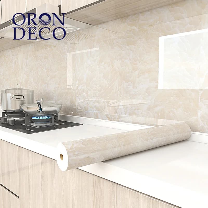 COWINLIFE DECO Glossy Self-Adhesive 3D Marble Sticker Wallpaper Waterproof Peel & Stick Wall Decor for Kitchen & Living Room