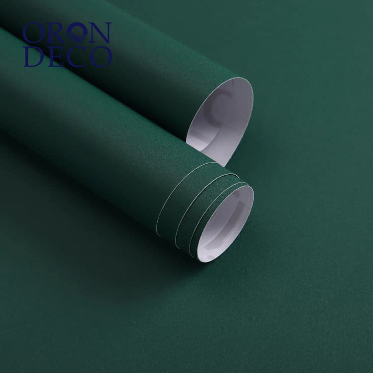 COWINLIFE DECO Removable Green Peel & Stick PVC Vinyl Wallpaper Waterproof Solid Color Wall Paper for Kitchen Cabinet Walls Covering detail 1
