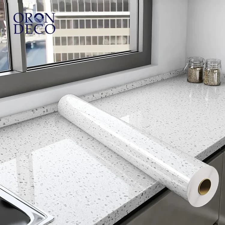 COWINLIFE DECO Waterproof Glossy White Granite Terrazzo PVC Vinyl Self Adhesive Marble Sticker Wallpaper for Kitchen Countertops detail 1