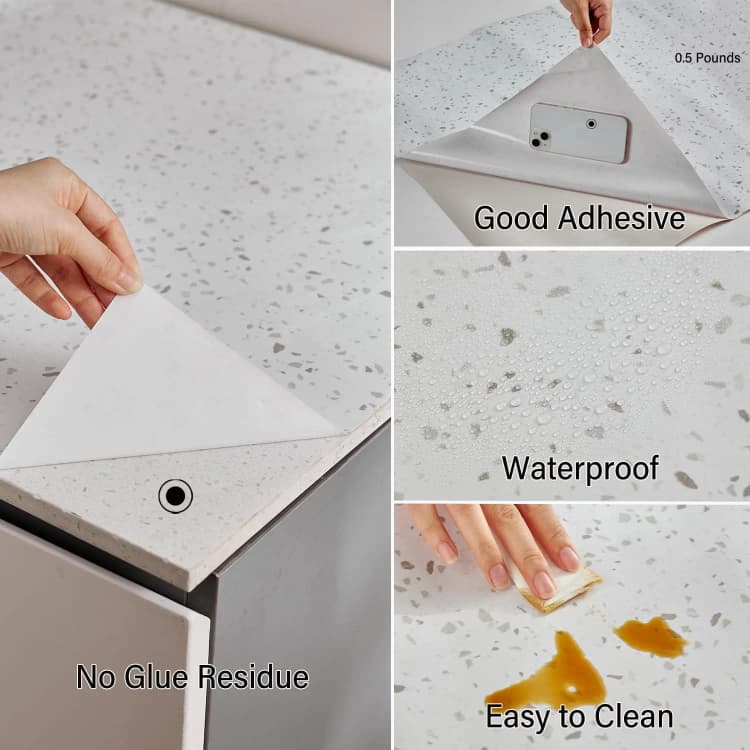 COWINLIFE DECO Waterproof Glossy White Granite Terrazzo PVC Vinyl Self Adhesive Marble Sticker Wallpaper for Kitchen Countertops detail 6
