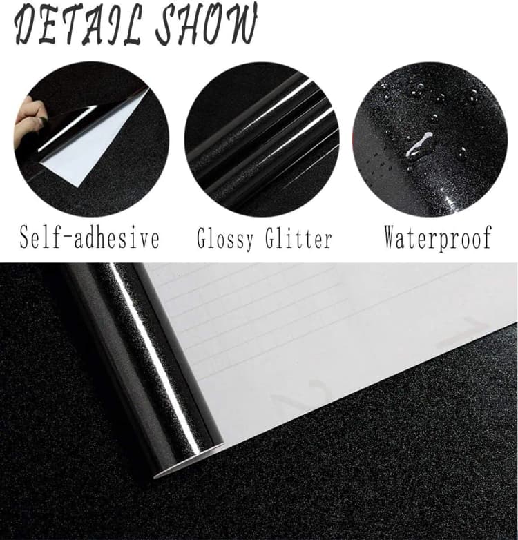 COWINLIFE DECO Black Glitter Wallpaper Peel and Stick Waterproof Self Adhesive Glossy Shiny Vinyl Sticker for Countertops Furniture detail 6