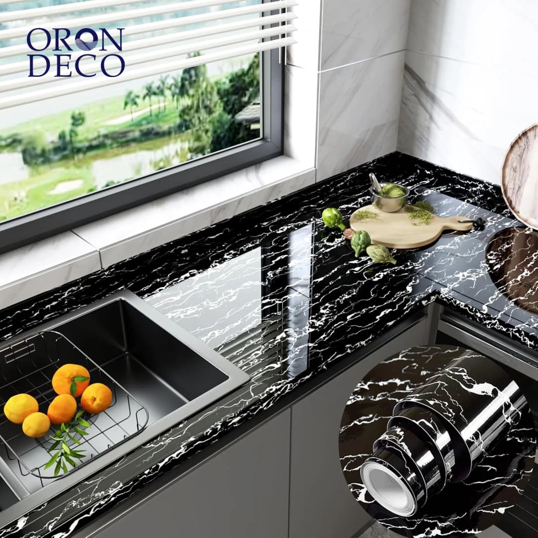 COWINLIFE DECO Self-Adhesive 3D Marble Sticker Glossy Black Waterproof Kitchen Wallpaper Peel and Stick Modern for Home Hotel Use