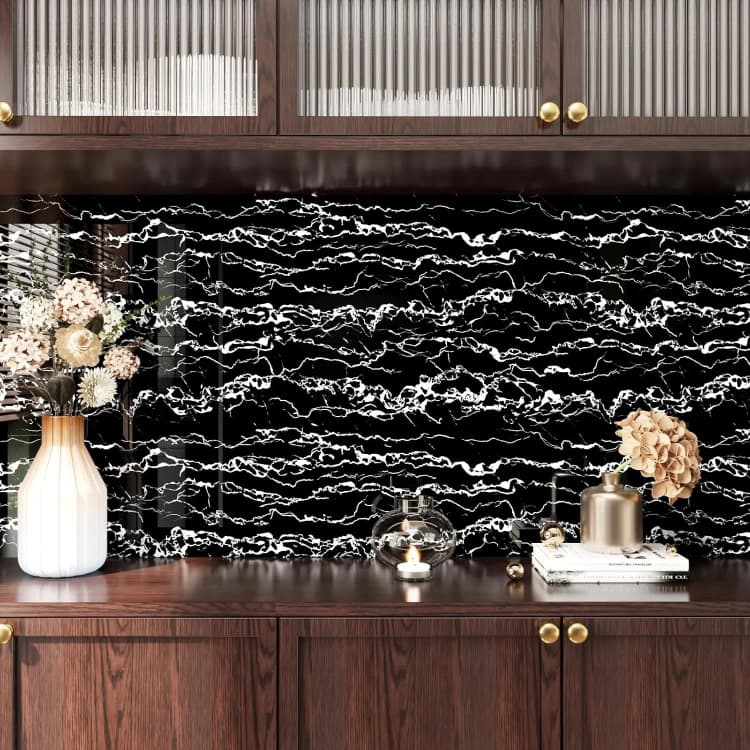 COWINLIFE DECO Self-Adhesive 3D Marble Sticker Glossy Black Waterproof Kitchen Wallpaper Peel and Stick Modern for Home Hotel Use detail 2