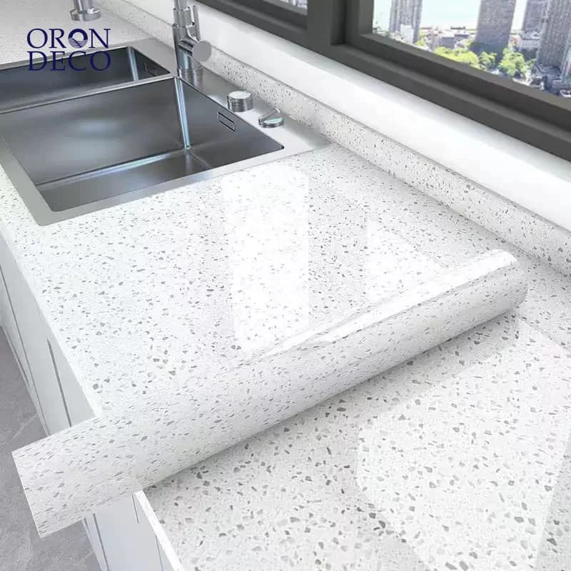 COWINLIFE DECO Glossy White Granite Terrazzo Vinyl Self-Adhesive Marble Wall Sticker Wallpaper Modern for Kitchen Countertops