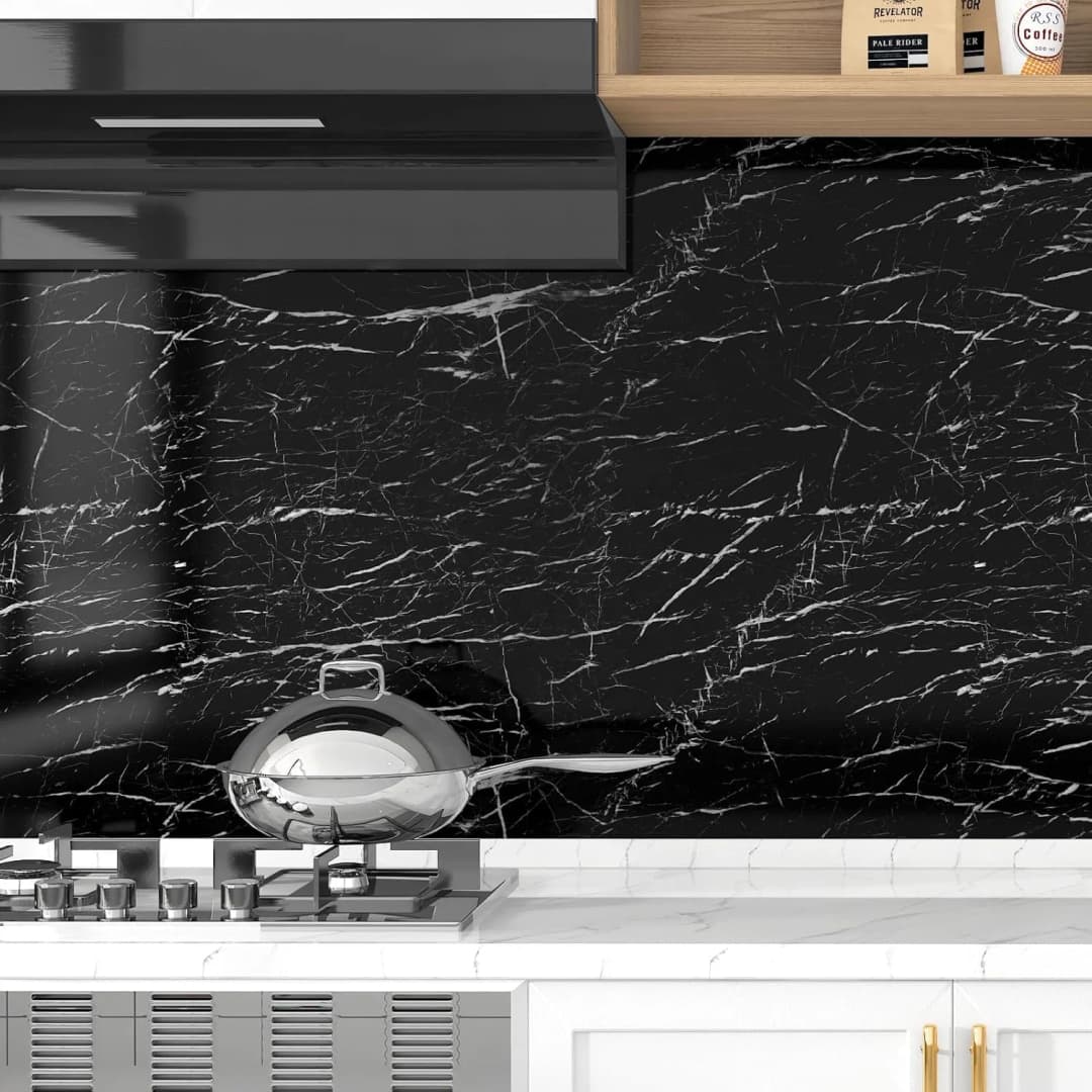 COWINLIFE DECO Black Vinyl Marble Sticker Glossy Self-Adhesive Kitchen Wall Sticker Waterproof Peel & Stick Wallpapers Kitchen Wrap