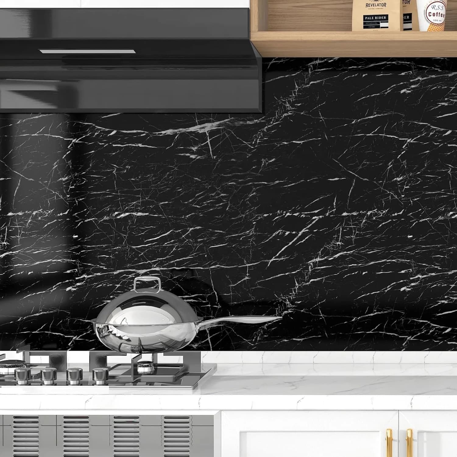 COWINLIFE DECO Black Vinyl Marble Sticker Glossy Self-Adhesive Kitchen Wall Sticker Waterproof Peel & Stick Wallpapers Kitchen Wrap