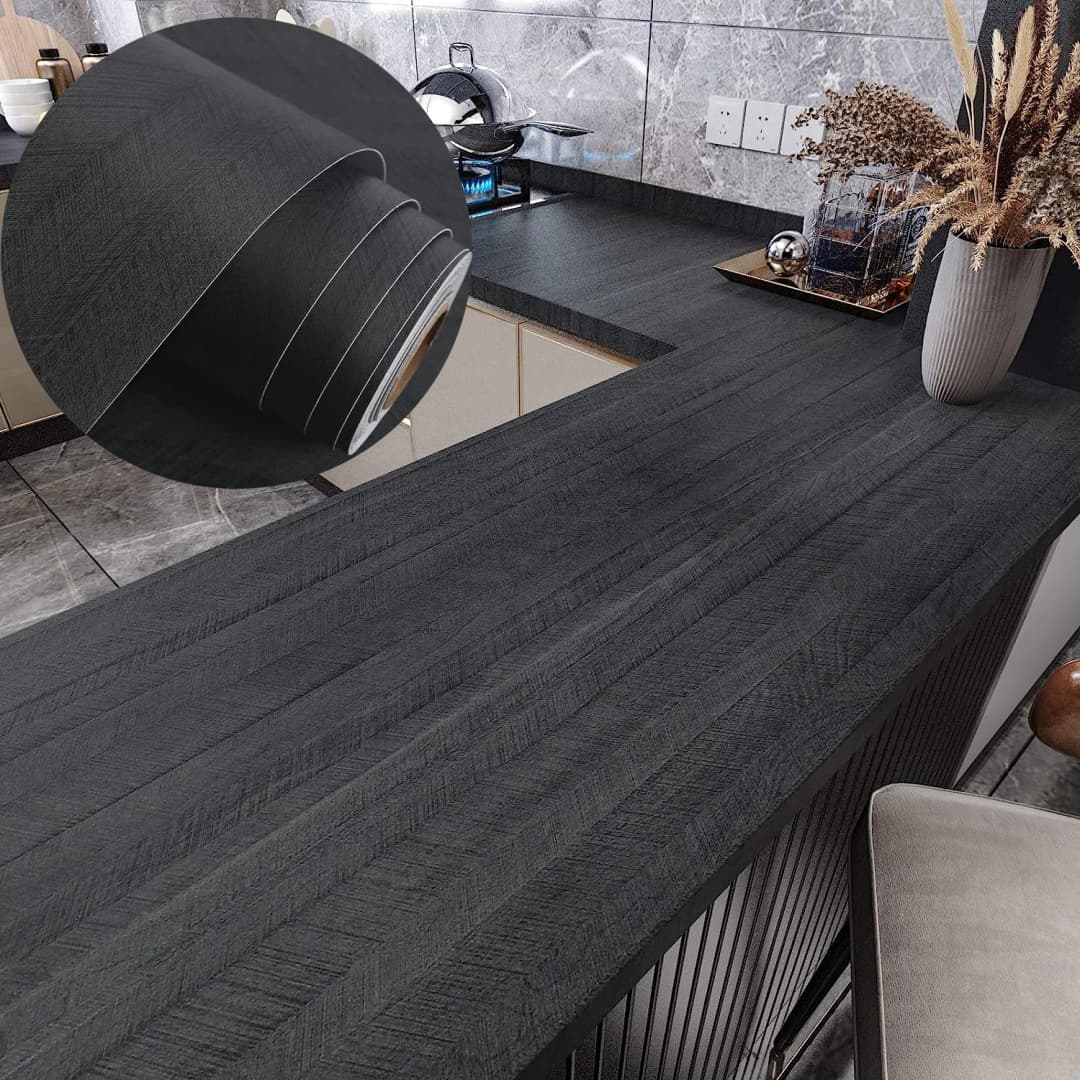Hot Selling Herringbond Black Wood Grain Wallpaper Peel and Stick Waterproof Vinyl Self Adhesive 3D for Kitchen