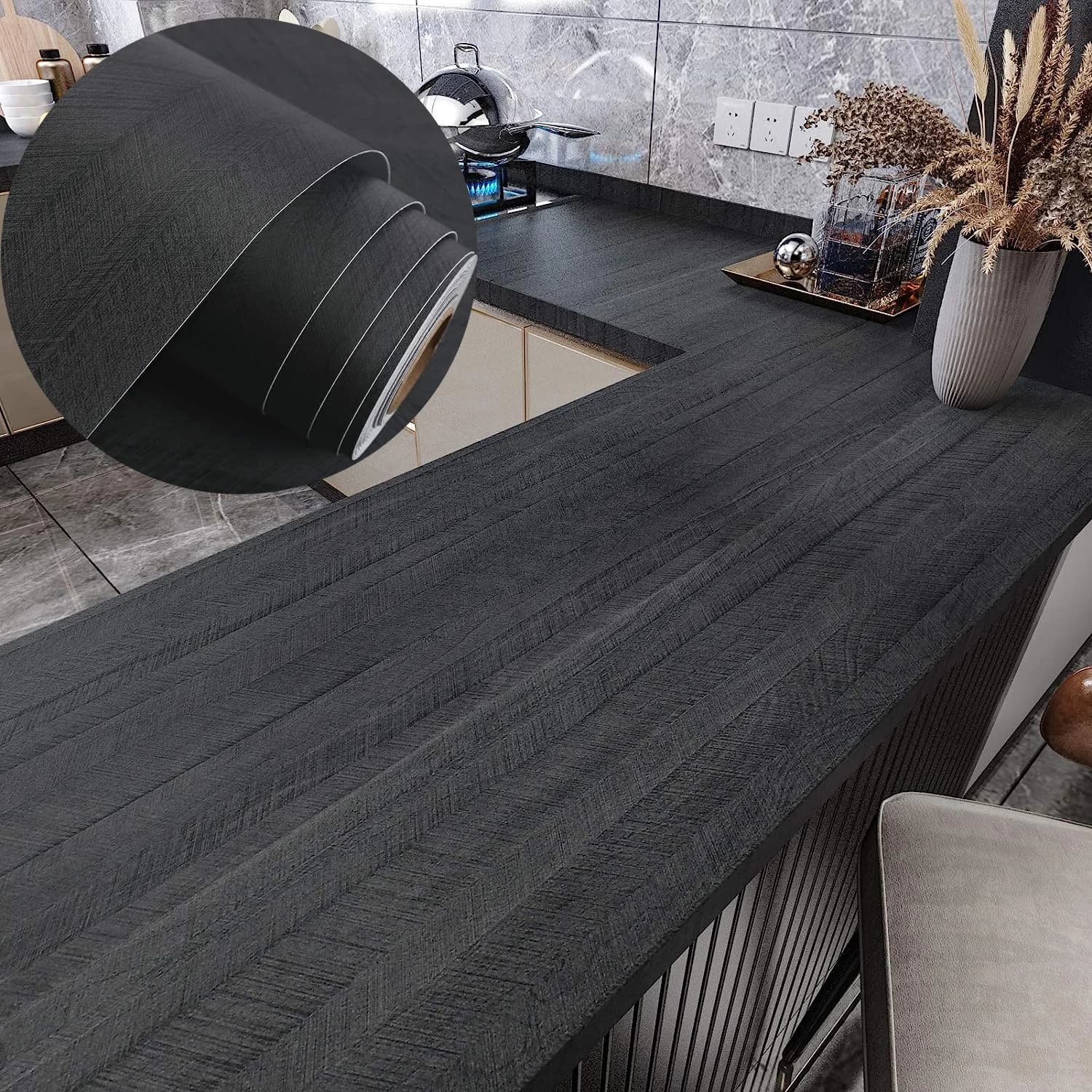 Hot Selling Herringbond Black Wood Grain Wallpaper Peel and Stick Waterproof Vinyl Self Adhesive 3D for Kitchen