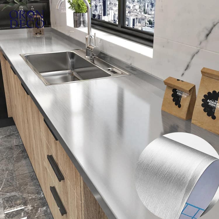 COWINLIFE DECO Self-Adhesive Stainless Steel Brushed Wallpaper Silver Metallic Decorative Metallized Films Kitchen Wall Sticker detail 1