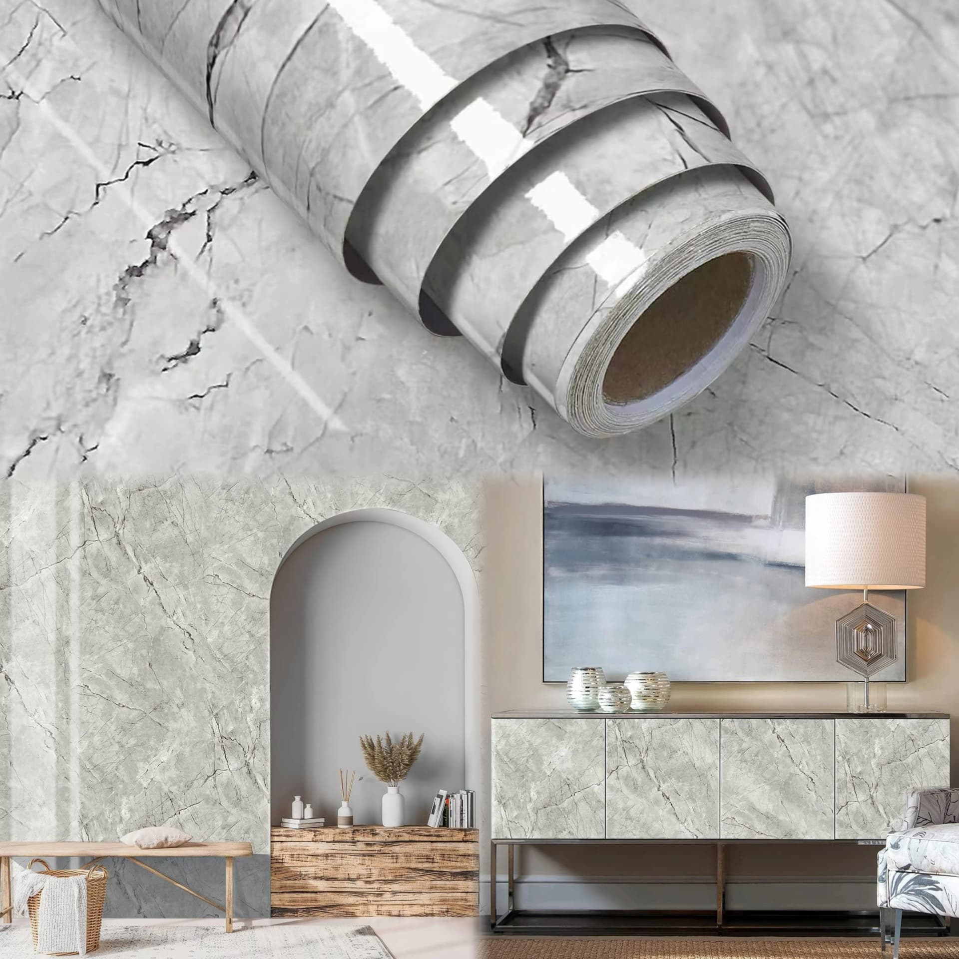COWINLIFE DECO Gray Glossy Vinyl Marble Sticker Wallpaper Peel and Stick Removable Self Adhesive Wallpaper for Bedroom Cabinets