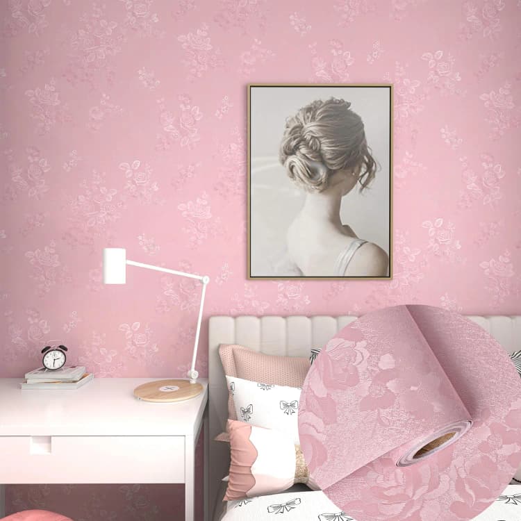COWINLIFE DECO Size Customized Luxury Damask 3D Embossed Pink Roses Floral PVC Self Adhesive Wallpaper Waterproof for Bedroom detail 1