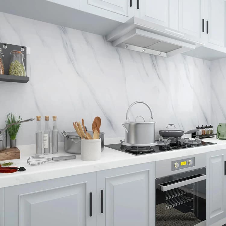 COWINLIFE DECO Glossy White PVC Adhesive Marble Sticker Counter Top Cover Wall Paper Peel and Stick 3d Wallpaper Rolls Waterproof detail 6